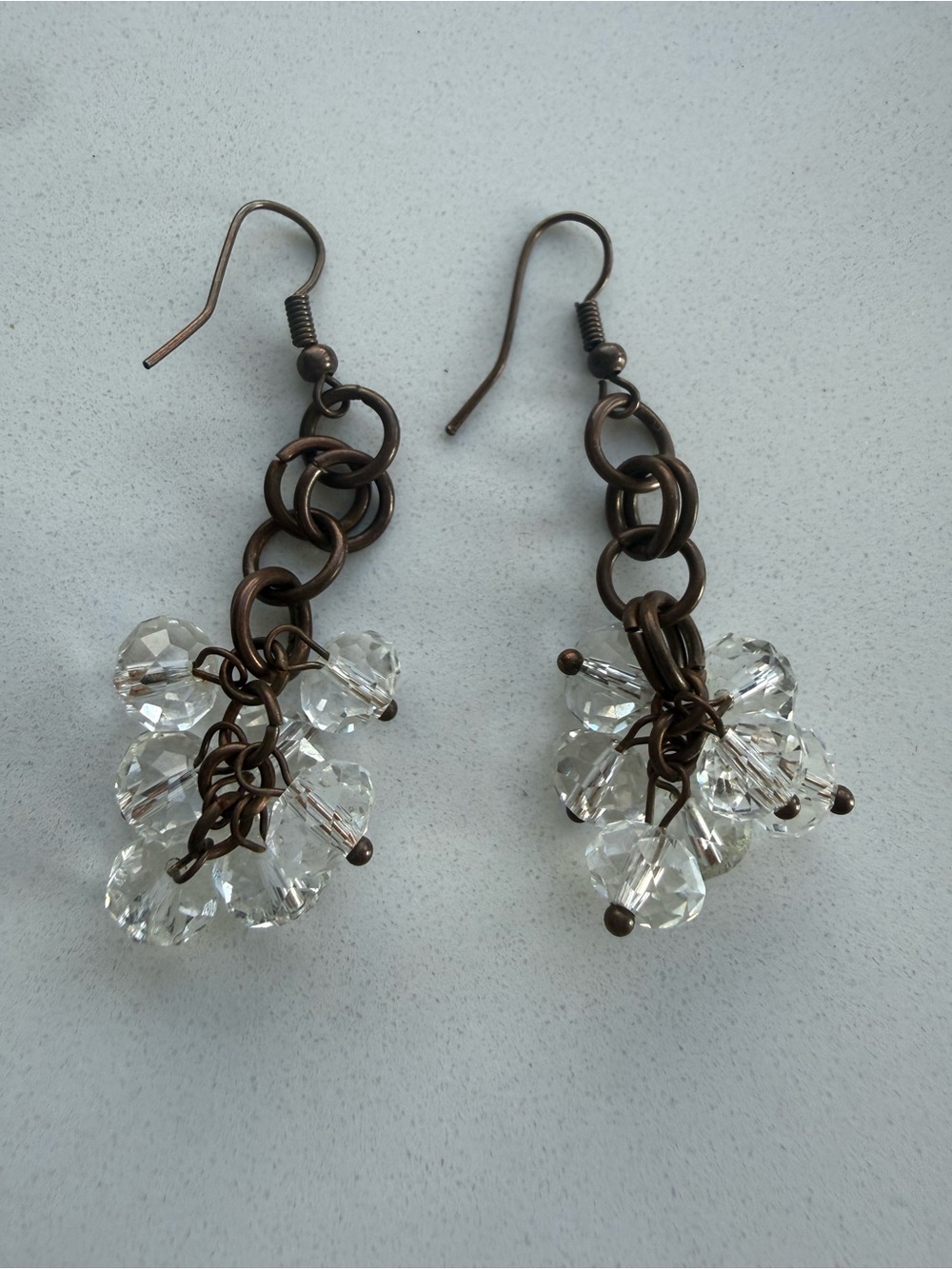 Crystal Cluster Drop Earrings with Bronze Links - Clear